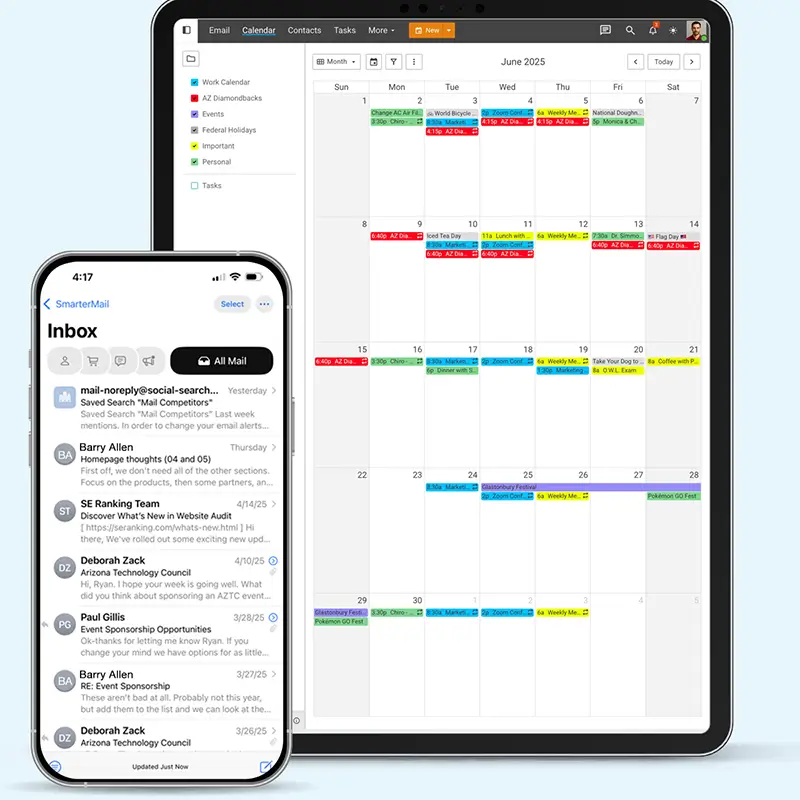 SmarterMail mobile integration showing inbox on smartphone and calendar sync on tablet for seamless email and scheduling