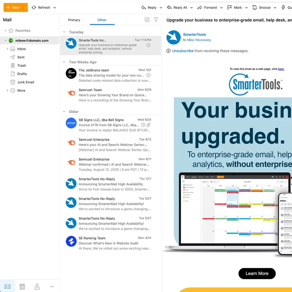 SmarterMail webmail client showing modern interface with email folders, preview pane, and cross-platform compatibility