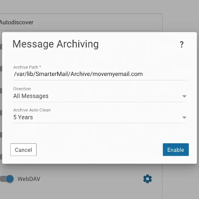 SmarterMail message archiving settings panel for email compliance, retention, and automatic cleanup policies