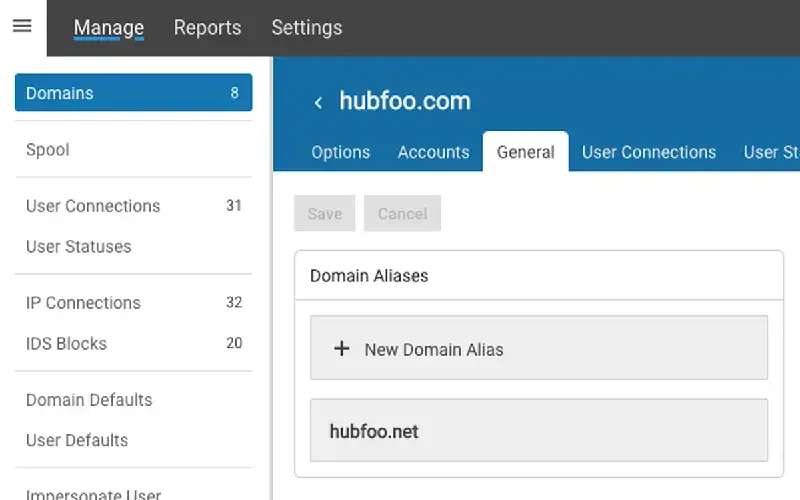 SmarterMail domain settings interface displaying domain alias management and general mail server administration