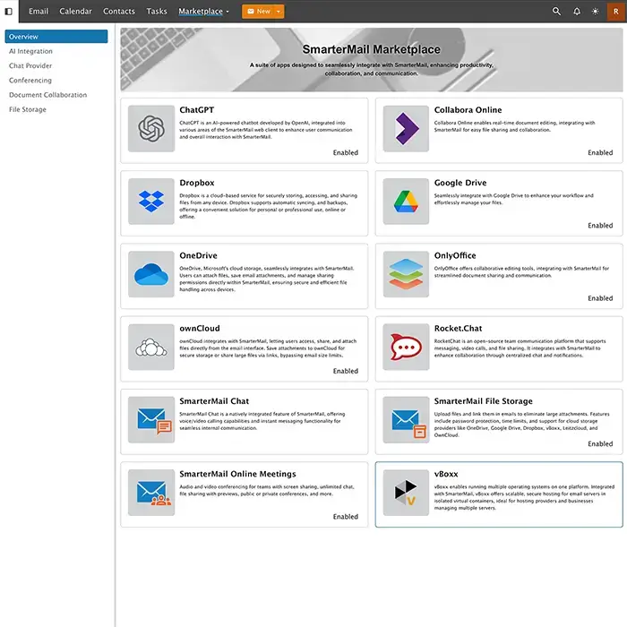 SmarterMail Marketplace interface showing app integrations like ChatGPT, Dropbox, Google Drive, OneDrive, Rocket.Chat, and more