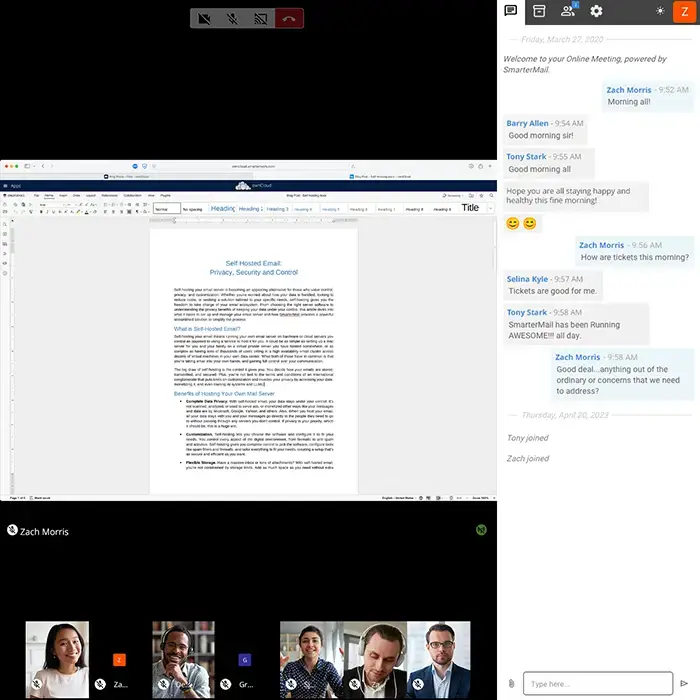 SmarterMail online meeting and team collaboration interface with chat, video conferencing, and document editing features