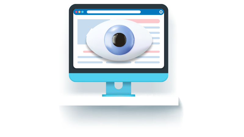 graphical image of a desktop computer with an eye on the screen.