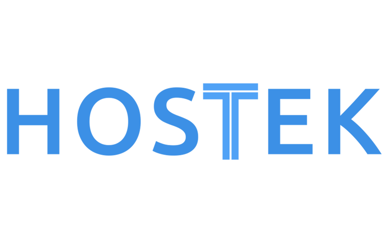 Hostek logo in blue with a stylized T character