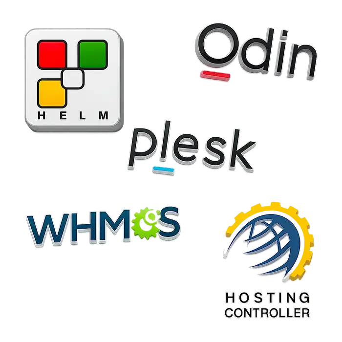 Control panel logos for Helm, Odin, Plesk, WHMCS, and Hosting Controller integration with SmarterMail API.