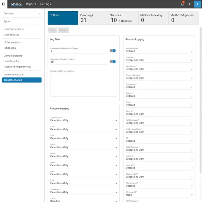 SmarterMail logging settings interface with detailed protocol and process logging options for administrators