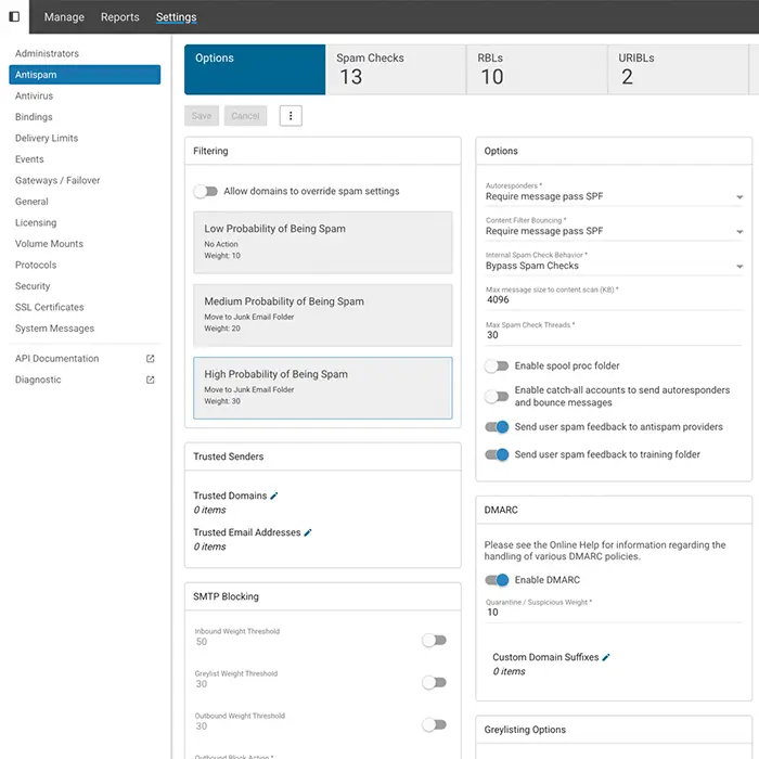 SmarterMail anti-spam filtering settings with configurable spam probability thresholds and trusted senders.
