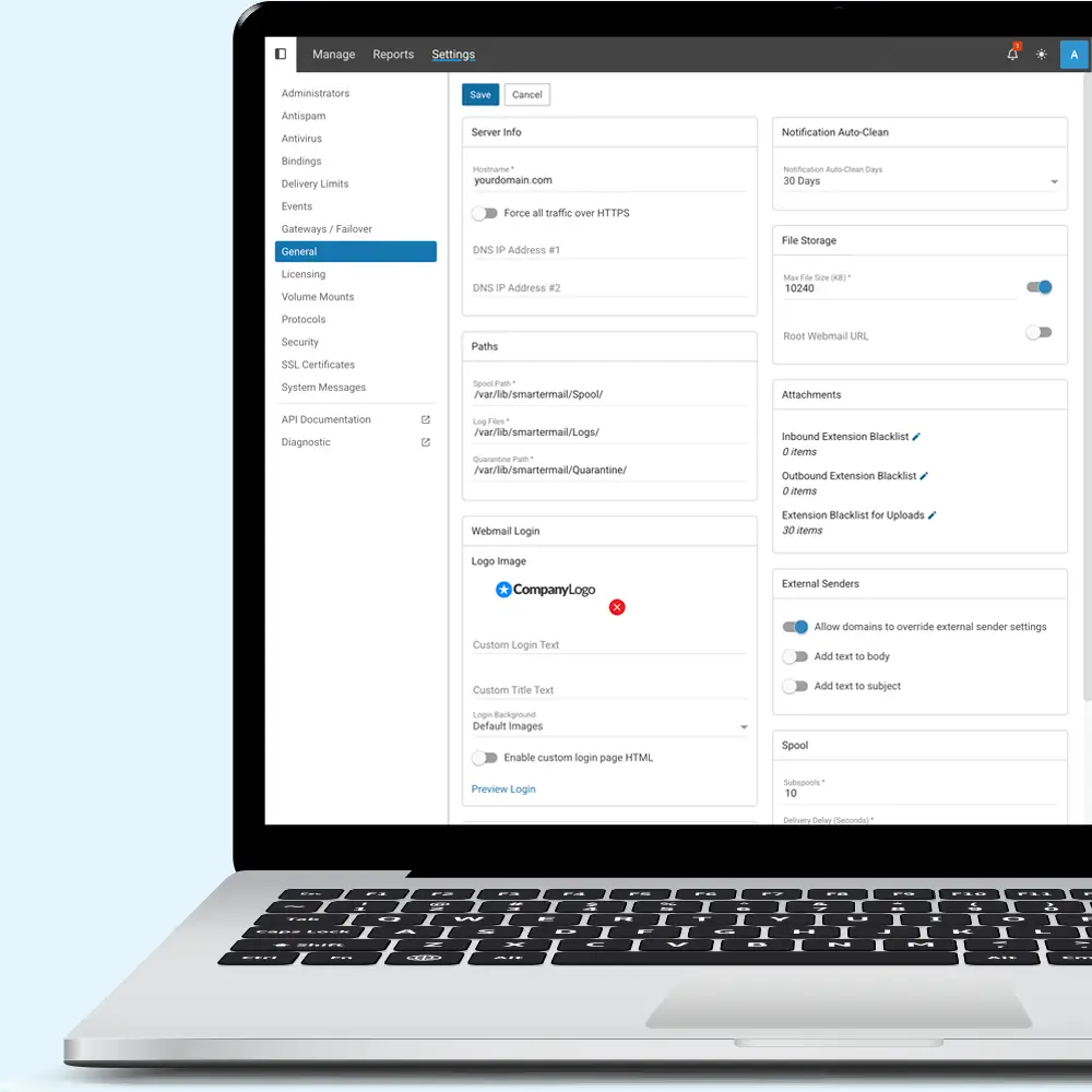 IT administrator managing SmarterMail email server from a browser dashboard in a corporate office setting