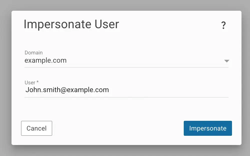 Impersonate user screen in SmarterMail admin dashboard for domain and mailbox access.