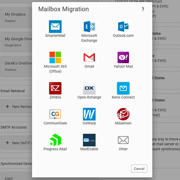 Mailbox migration interface showing SmarterMail email import from Microsoft Exchange, Gmail, Outlook, Office 365, Yahoo Mail and Zimbra.