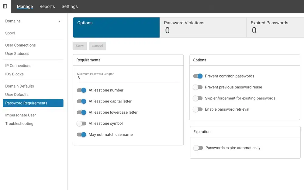 Password policy settings in SmarterMail showing complexity requirements and expiration controls.