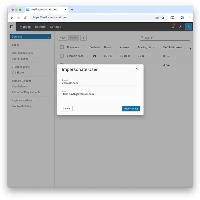 Admin user impersonation window in SmarterMail for secure mailbox access and remote troubleshooting.