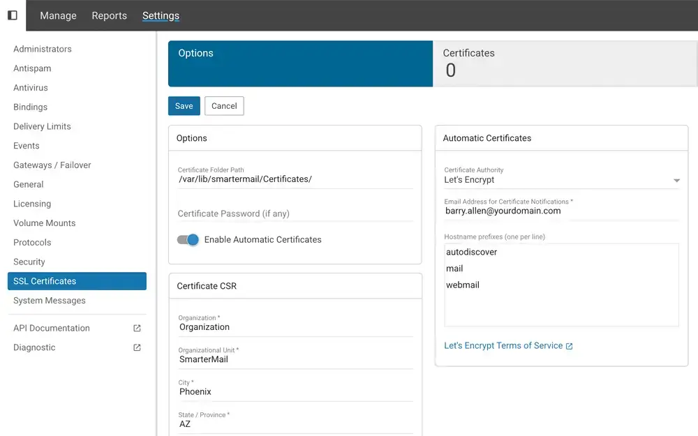 SSL certificate settings in SmarterMail featuring Let’s Encrypt automation and CSR fields.