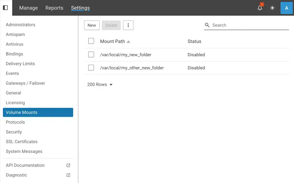 SmarterMail volume mount configuration interface with disabled mount paths listed for email storage management.