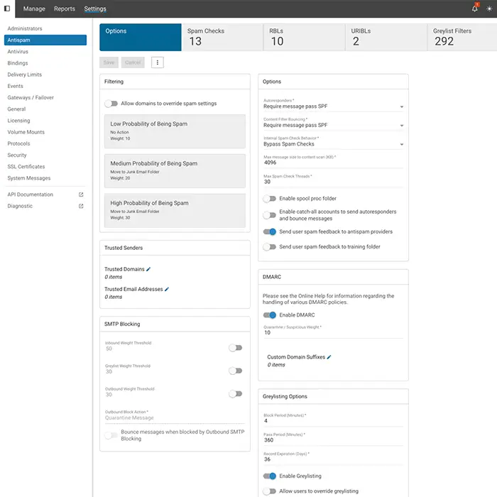 SmarterMail antispam configuration panel with spam filtering rules and sender reputation controls