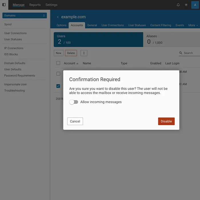 Email compliance features in SmarterMail with domain policy management
