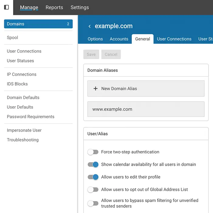 SmarterMail web-based administration dashboard for managing email domains and user settings
