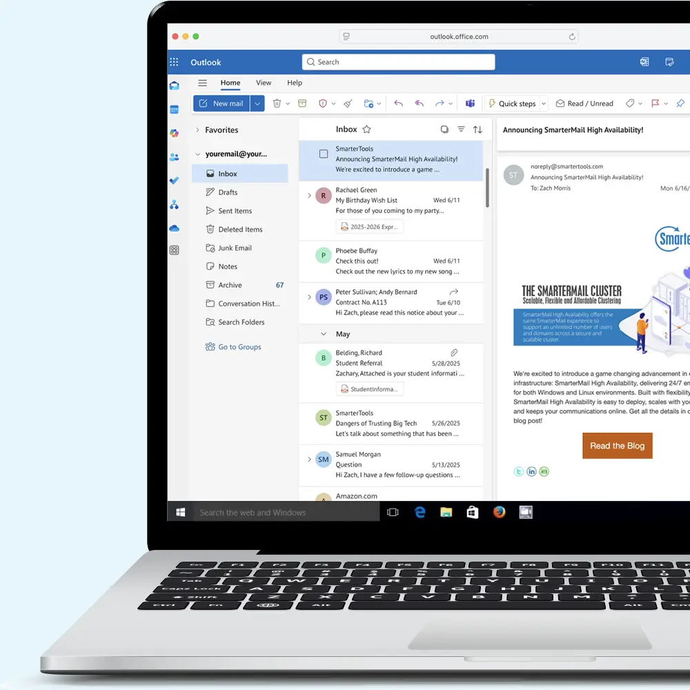 Microsoft Outlook inbox displaying SmarterTools email announcement about SmarterMail High Availability feature