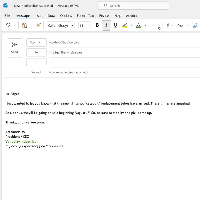 Outlook email draft showing new merchandise announcement from Vandelay Industries