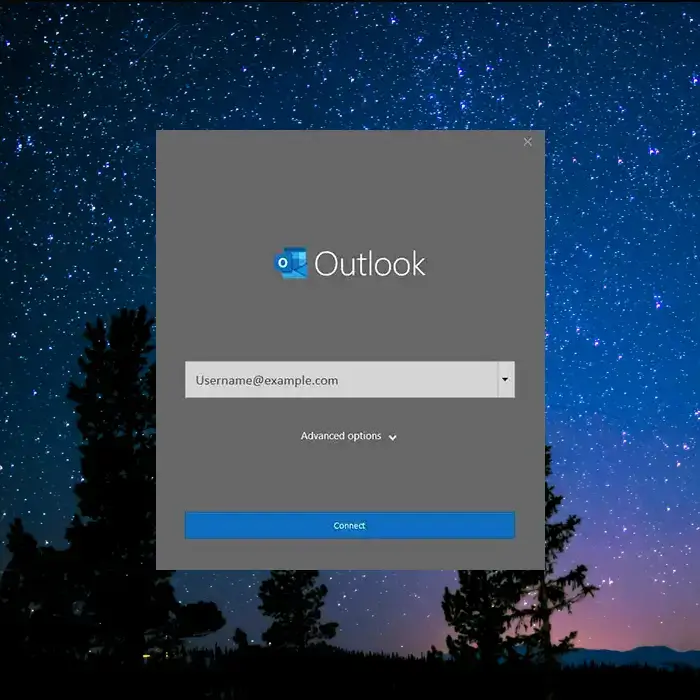 Microsoft Outlook login window prompting for email credentials with starry night background