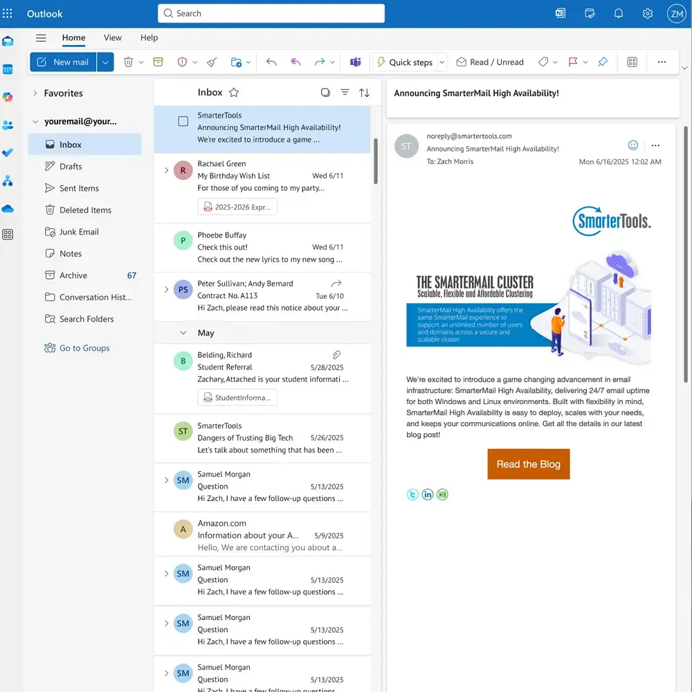 Outlook inbox displaying promotional email from SmarterTools about SmarterMail High Availability features