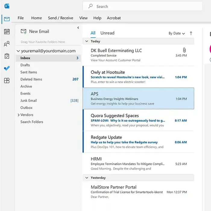 Microsoft Outlook inbox showing unread marketing and business emails with folder navigation panel