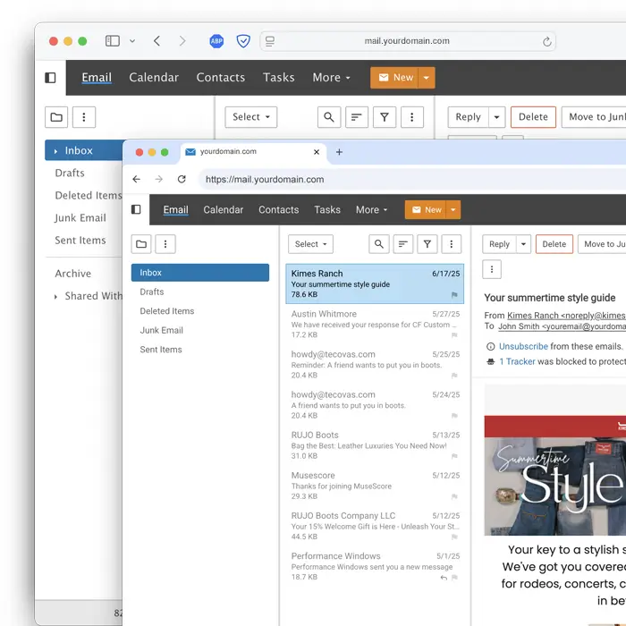SmarterMail webmail client interface for email, calendar, contacts, and tasks in browser