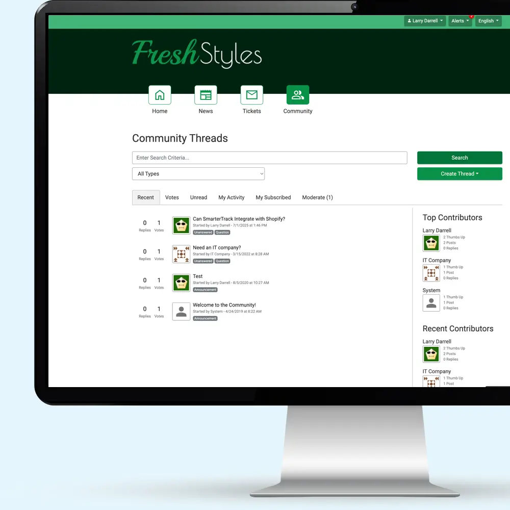 SmarterTrack customer community portal overview with feedback and announcements interface