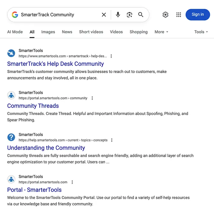 Search engine results highlighting SmarterTrack community portal visibility