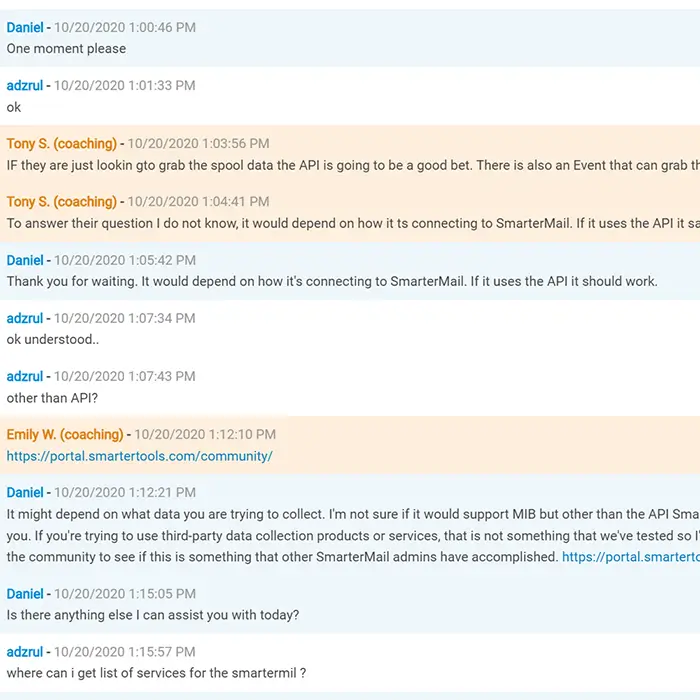 SmarterTrack coaching and agent chat conversation about API integration with SmarterMail