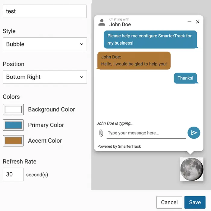 SmarterTrack inline live chat customization settings with chat preview interface