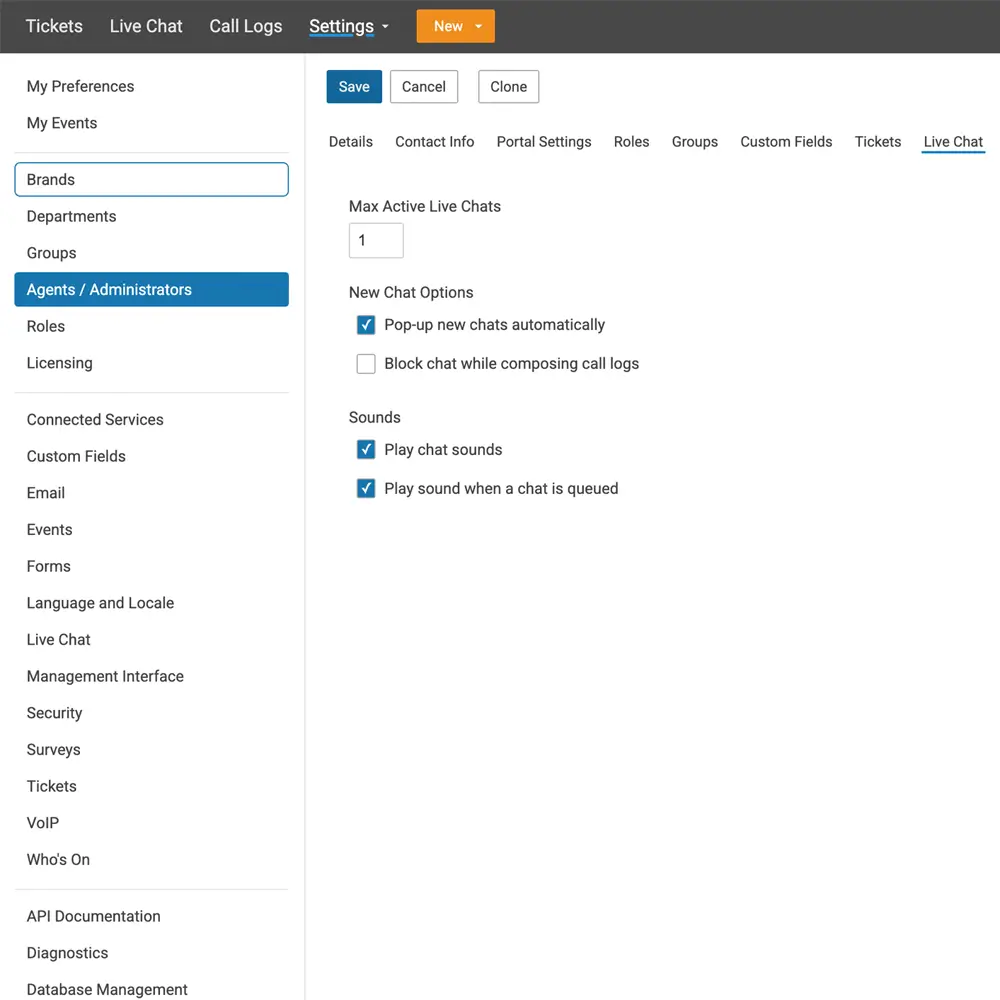SmarterTrack agent live chat settings panel managing concurrent chat sessions and sound alerts