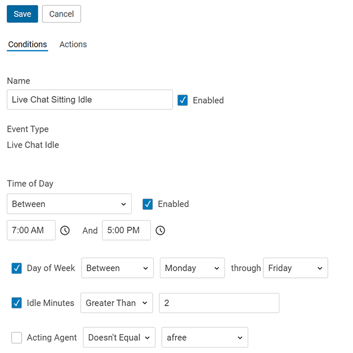 SmarterTrack live chat SLA settings showing idle chat conditions, business hours, and agent rules
