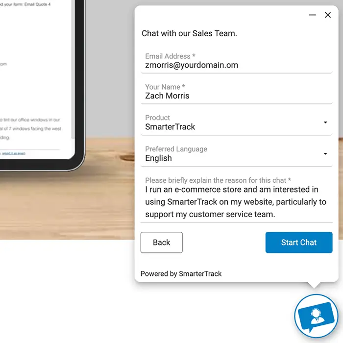 SmarterTrack embedded website chat form for real-time customer inquiries and support